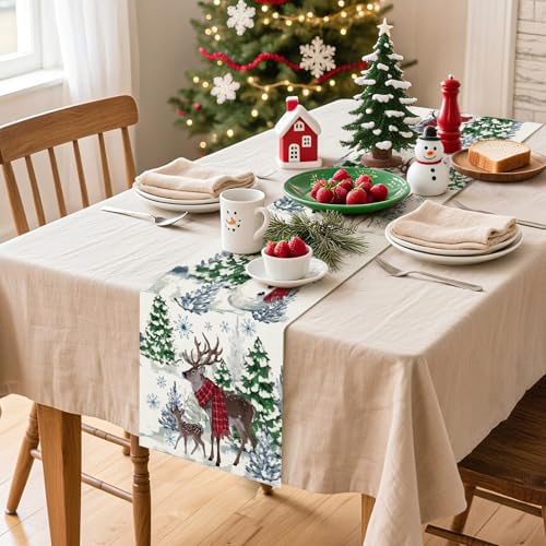 Reindeer Snowman Christmas Tree Table Runner, Xmas Winter Snowflakes Holiday Kitchen Dining Table Decoration for, alternate