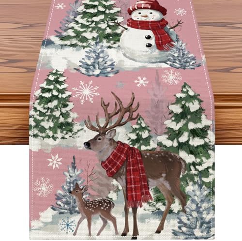 Reindeer Snowman Christmas Tree Table Runner, Xmas Winter Snowflakes Holiday Kitchen Dining Table Decoration for