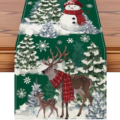 Reindeer Snowman Christmas Tree Table Runner, Xmas Winter Snowflakes Holiday Kitchen Dining Table Decoration for