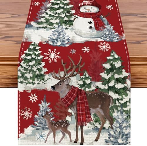 Reindeer Snowman Christmas Tree Table Runner, Xmas Winter Snowflakes Holiday Kitchen Dining Table Decoration for
