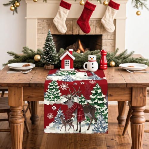 Reindeer Snowman Christmas Tree Table Runner, Xmas Winter Snowflakes Holiday Kitchen Dining Table Decoration for, alternate