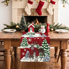 Reindeer Snowman Christmas Tree Table Runner, Xmas Winter Snowflakes Holiday Kitchen Dining Table Decoration for, alternate