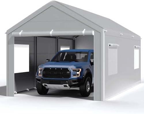 Reinforced 10x20 Carport, Wind-Resistant Canopy with Sidewalls & Doors