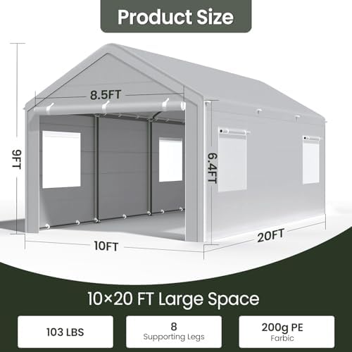 Reinforced 10x20 Carport, Wind-Resistant Canopy with Sidewalls & Doors, alternate view 3