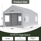 Reinforced 10x20 Carport, Wind-Resistant Canopy with Sidewalls & Doors, alternate view 3