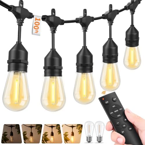 Remote Control Outdoor String Lights Waterproof, 100FT LED Outside Lights with Shatterproof Bulbs, Dimmable