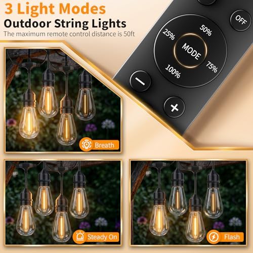 Remote Control Outdoor String Lights Waterproof, 100FT LED Outside Lights with Shatterproof Bulbs, Dimmable, alternate view 5