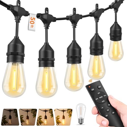 Remote Control Outdoor String Lights Waterproof, 50 FT LED Outside Lights with Shatterproof Bulbs, Dimmable