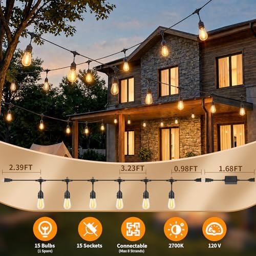 Remote Control Outdoor String Lights Waterproof, 50 FT LED Outside Lights with Shatterproof Bulbs, Dimmable, alternate view 7