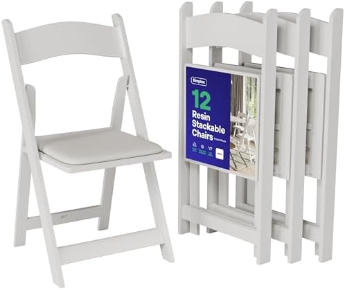 Resin Folding Chairs, Padded Seat, 800 lb, White, 12 Pack in White