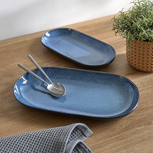 Resona Blue Serving Platters Set of 2, 14/12 Inch Stoneware Serving Dishes for Entertaining, Glossy Party