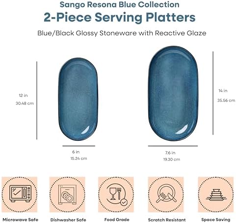 Resona Blue Serving Platters Set of 2, 14/12 Inch Stoneware Serving Dishes for Entertaining, Glossy Party, alternate view 2