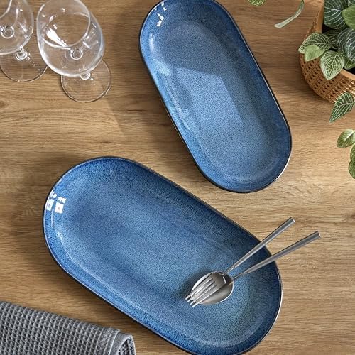 Resona Blue Serving Platters Set of 2, 14/12 Inch Stoneware Serving Dishes for Entertaining, Glossy Party, alternate view 3