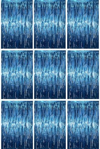 Retro Blue Foil Fringe Backdrop Curtains, 3.3x6.6ft, 9pcs in 3.3x6.6ft
