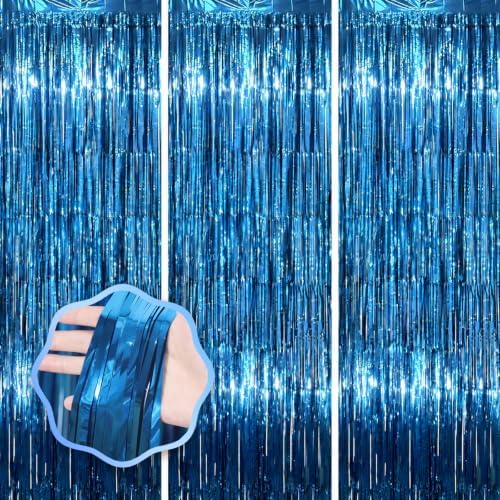 Retro Blue Foil Fringe Backdrop Curtains,3.3x8.2ft, 3 Pack in 3.3x8.2ft