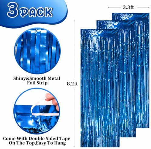 Retro Blue Foil Fringe Backdrop Curtains,3.3x8.2ft, 3 Pack in 3.3x8.2ft, alternate view 3