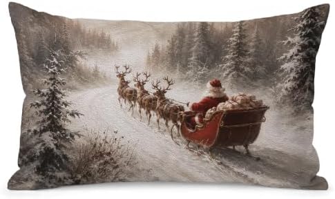 Retro Santa Reindeer Sleigh Christmas Pillow Covers 12x20 Inch in 12x20 Inch in Not Applicabie