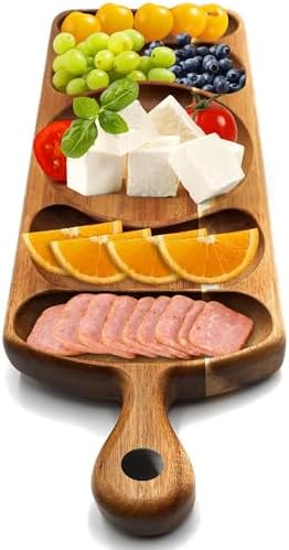 Reversible Acacia Wood Serving Platter with Handle - Premium Wooden Tray for Charcuterie, Crackers, Cheese