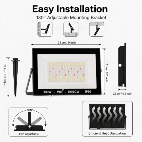 RGB LED Flood Light Outdoor 1000W Equivalent, 100W Bluetooth RGBCW Smart Floodlights 2700K, 16 Million Color, alternate view