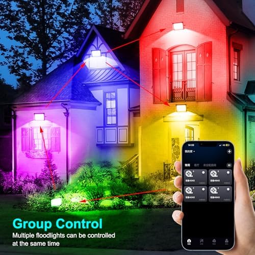 RGB LED Flood Light Outdoor 1000W Equivalent, 100W Bluetooth RGBCW Smart Floodlights 2700K, 16 Million Color, alternate view