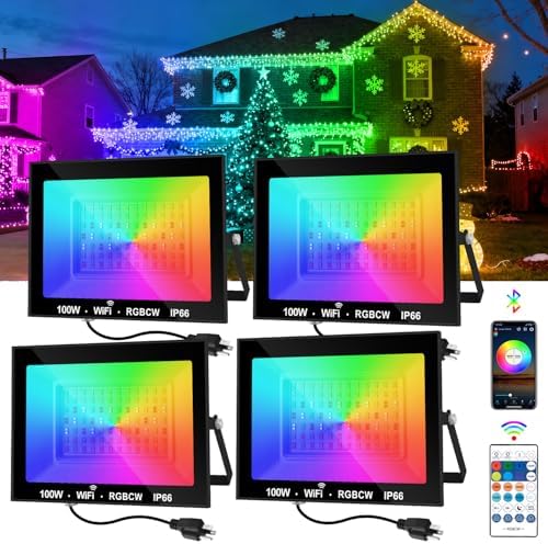 RGB LED Flood Light Outdoor 1000W Equivalent, 100W Bluetooth RGBCW Smart Floodlights 2700K, 16 Million Color