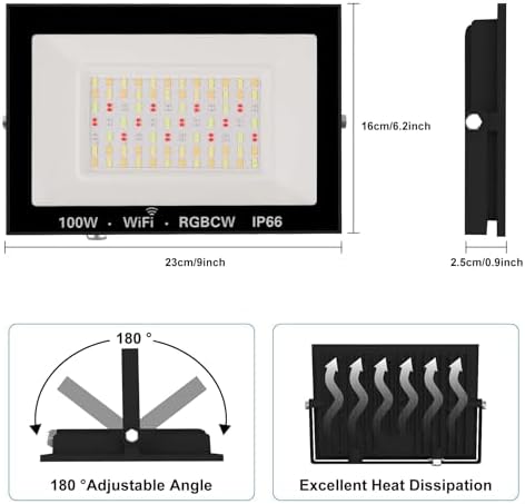 RGB LED Flood Light Outdoor 1000W Equivalent, 100W Bluetooth RGBCW Smart Floodlights 2700K, 16 Million Color, alternate view