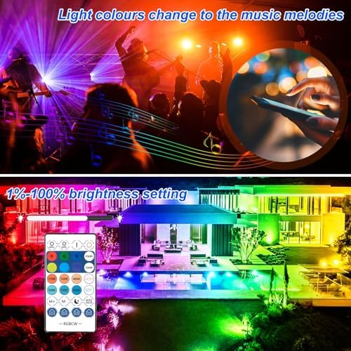 RGB LED Flood Light Outdoor 1000W Equivalent, 100W Bluetooth RGBCW Smart Floodlights 2700K, 16 Million Color, alternate view