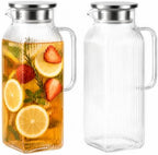 Ribbed Square Glass Pitcher with Lid, 2 Liter/68 oz Ripple Glass Drink Pitcher for Fridge Door, Glass Carafe