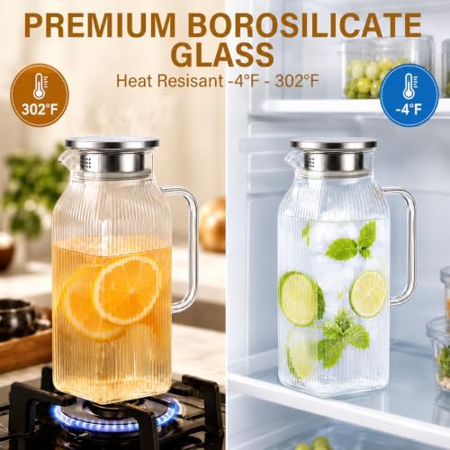 Ribbed Square Glass Pitcher with Lid, 2 Liter/68 oz Ripple Glass Drink Pitcher for Fridge Door, Glass Carafe, alternate view