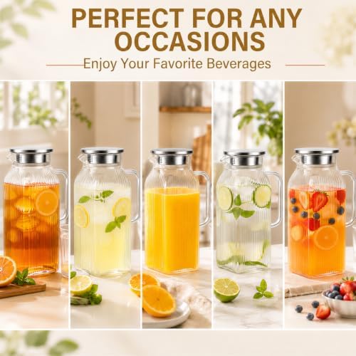Ribbed Square Glass Pitcher with Lid, 2 Liter/68 oz Ripple Glass Drink Pitcher for Fridge Door, Glass Carafe, alternate view