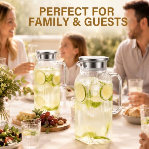 Ribbed Square Glass Pitcher with Lid, 2 Liter/68 oz Ripple Glass Drink Pitcher for Fridge Door, Glass Carafe, alternate view