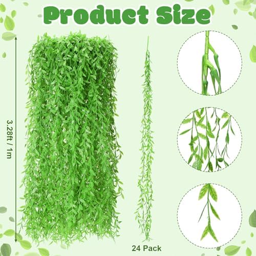 Riceshoot 24 Pcs Artificial Hanging Vines Fake Weeping Willow Leaves Decor Fake Seaweed Artificial Vines, alternate view 3