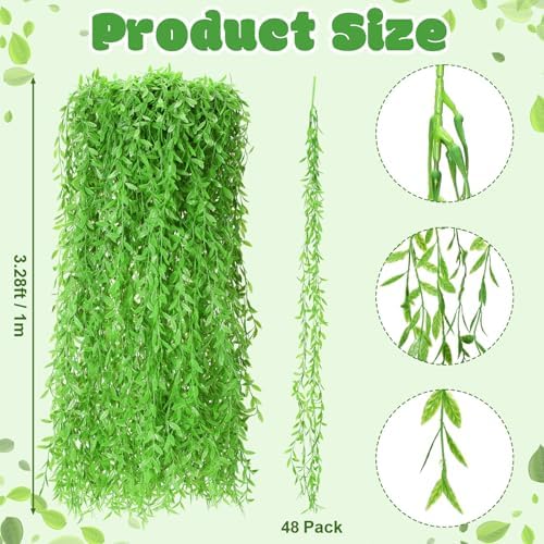 Riceshoot 48 Pcs Artificial Hanging Vines Fake Weeping Willow Leaves Decor Fake Seaweed Artificial Vines, alternate view 3