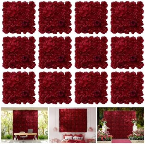 RIDDSEE12pcs Flower Wall Backdrop16.5 x16.5 Artificial Floral Panels-Maroon