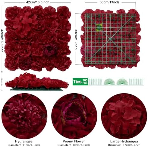 RIDDSEE12pcs Flower Wall Backdrop16.5 x16.5 Artificial Floral Panels-Maroon, alternate view 3