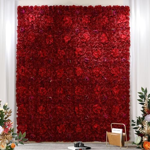 RIDDSEE12pcs Flower Wall Backdrop16.5 x16.5 Artificial Floral Panels-Maroon, alternate view 5
