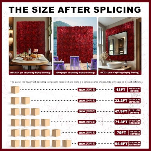 RIDDSEE12pcs Flower Wall Backdrop16.5 x16.5 Artificial Floral Panels-Maroon, alternate view 6