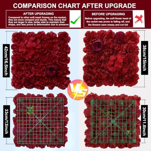 RIDDSEE12pcs Flower Wall Backdrop16.5 x16.5 Artificial Floral Panels-Maroon, alternate view 7