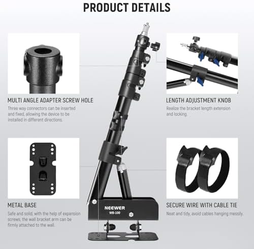Ring Light Wall Mount Boom Arm, 22"-46"/55-116cm, Aluminum Alloy, alternate view 6
