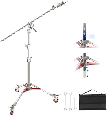Robust C Stand, Air-Cushioned C Tripod with Boom Arm, 14.4 Feet Stainless Steel Light Stand with Wheels and 7