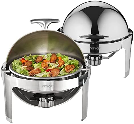 Roll Top Chafing Dish Buffet Set, 6 Qt 2 Pack, Stainless Steel Chafer with 2 Full Size Pans, Round Catering