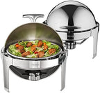 Roll Top Chafing Dish Buffet Set, 6 Qt 2 Pack, Stainless Steel Chafer with 2 Full Size Pans, Round Catering