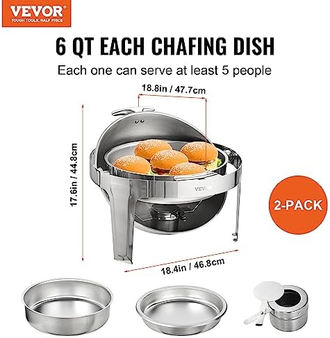 Roll Top Chafing Dish Buffet Set, 6 Qt 2 Pack, Stainless Steel Chafer with 2 Full Size Pans, Round Catering, alternate view 3