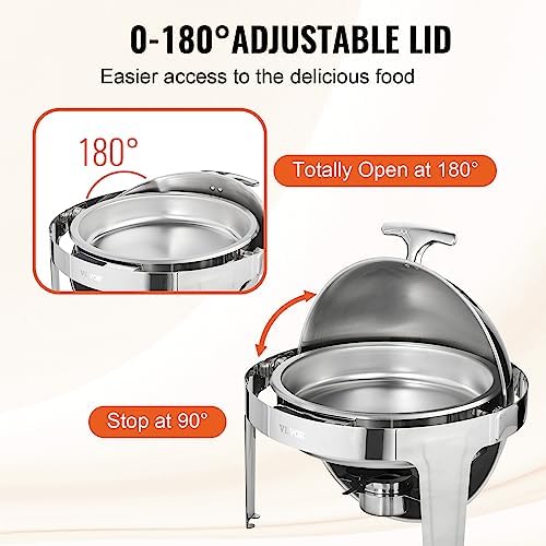 Roll Top Chafing Dish Buffet Set, 6 Qt 2 Pack, Stainless Steel Chafer with 2 Full Size Pans, Round Catering, alternate view 6