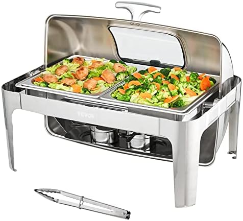 Roll Top Chafing Dish Buffet Set, 9 Qt, Stainless Steel Chafer with 2 Half Size Pans, Rectangle Catering Warmer