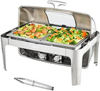 Roll Top Chafing Dish Buffet Set, 9 Qt, Stainless Steel Chafer with 2 Half Size Pans, Rectangle Catering Warmer