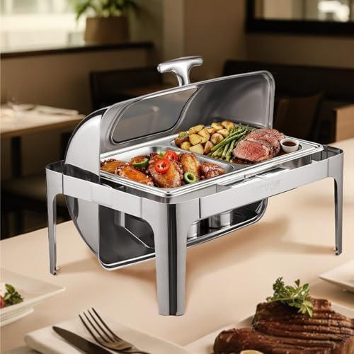 Roll Top Chafing Dish Buffet Set, 9 Qt, Stainless Steel Chafer with 2 Half Size Pans, Rectangle Catering Warmer, alternate