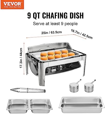 Roll Top Chafing Dish Buffet Set, 9 Qt, Stainless Steel Chafer with 2 Half Size Pans, Rectangle Catering Warmer, alternate
