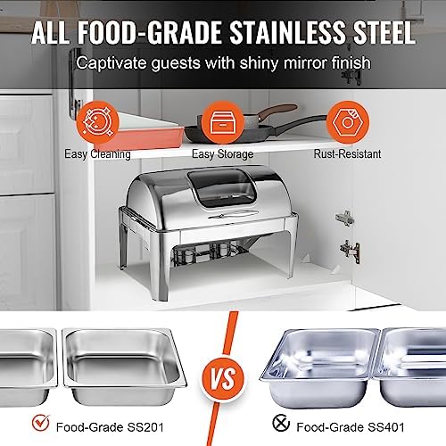 Roll Top Chafing Dish Buffet Set, 9 Qt, Stainless Steel Chafer with 2 Half Size Pans, Rectangle Catering Warmer, alternate
