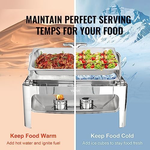 Roll Top Chafing Dish Buffet Set, 9 Qt, Stainless Steel Chafer with 2 Half Size Pans, Rectangle Catering Warmer, alternate